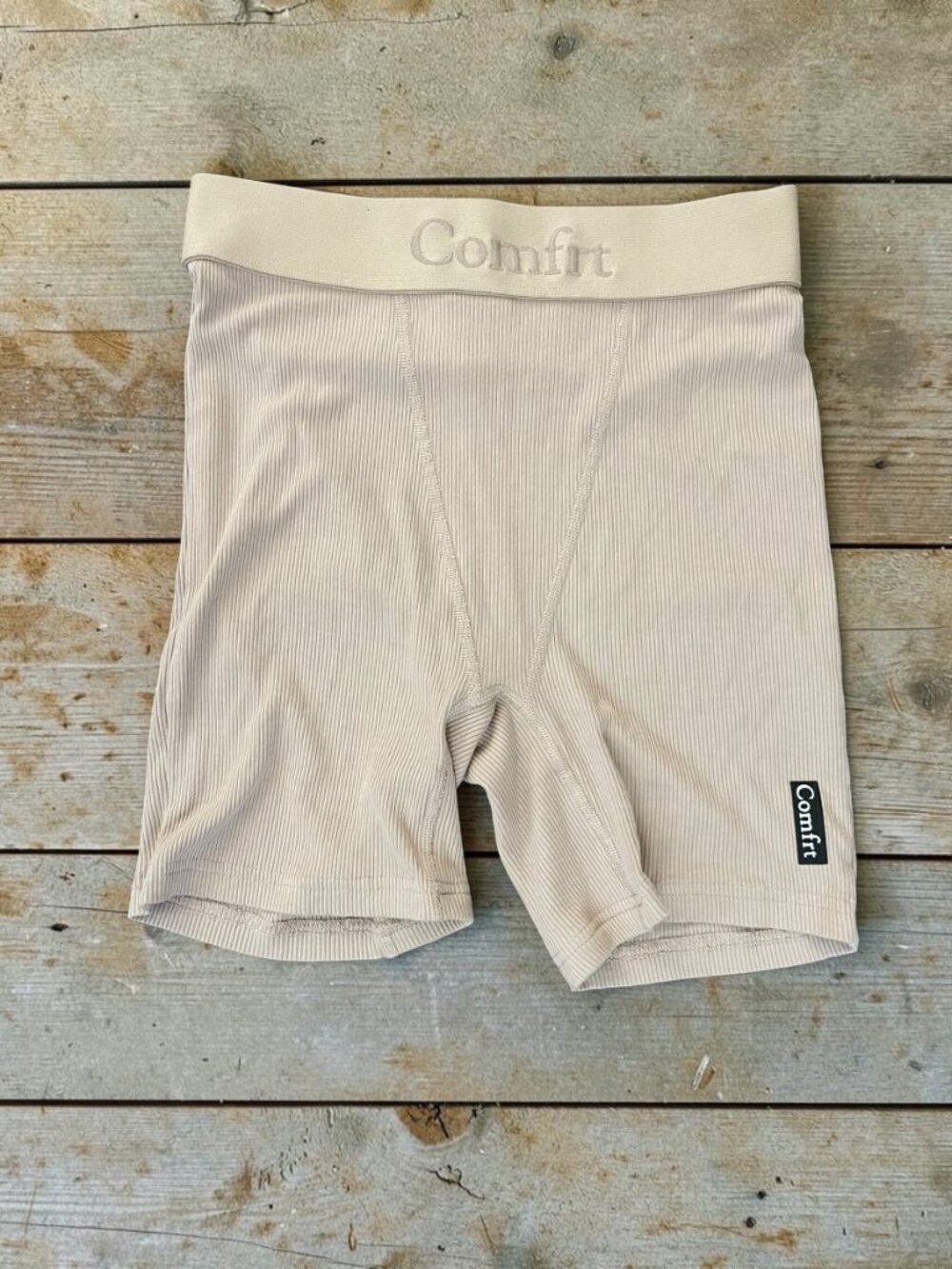 Comfrt Ribbed Contour Boxer Shorts Womens Small Beige Lounge Stretch Athleisure - Picture 2 of 3